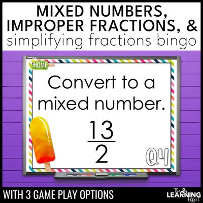 Mixed numbers improper fractions simplifying bingo game | math review activity