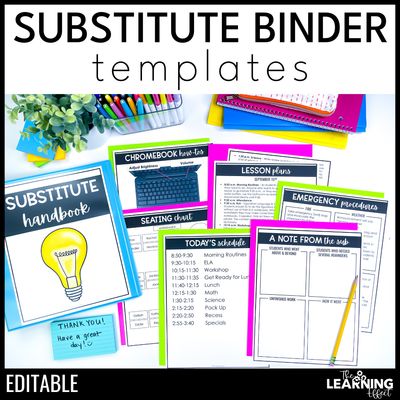 Substitute teacher binder templates editable | print and digital sub tub pages