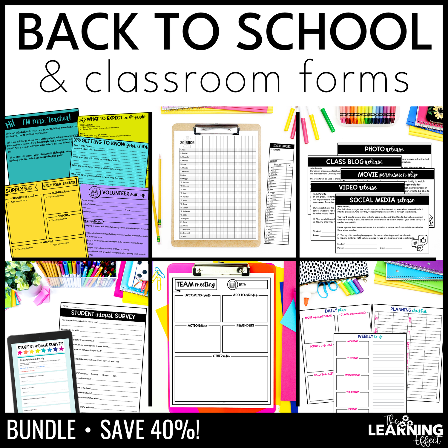 Back to school forms | classroom checklists printables | parent packet bundle