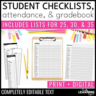 Editable student checklists, attendance sheets, gradebook, & class lists