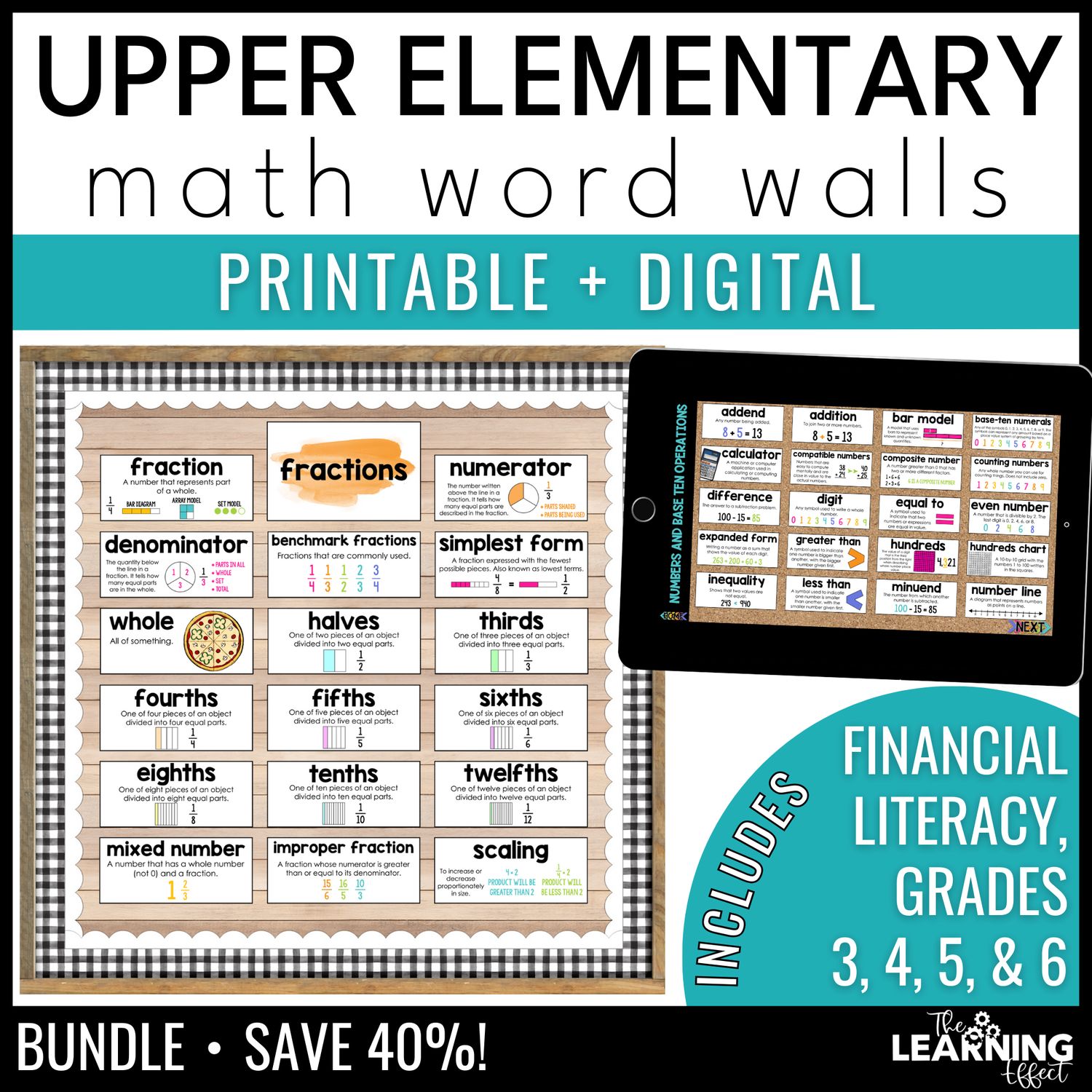 Upper elementary math word walls bundle | printable vocabulary cards & digital