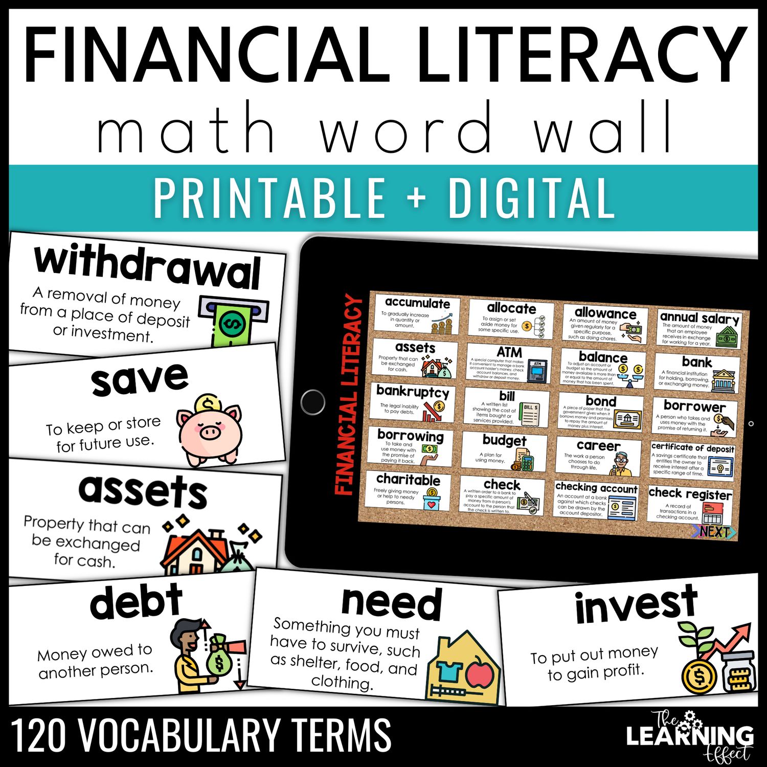 Financial literacy vocabulary word wall | printable cards & digital google slides