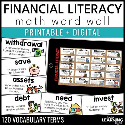Financial literacy vocabulary word wall | printable cards & digital google slides