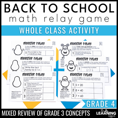 Back to school math game for 4th grade | 3rd grade no prep review relay activity
