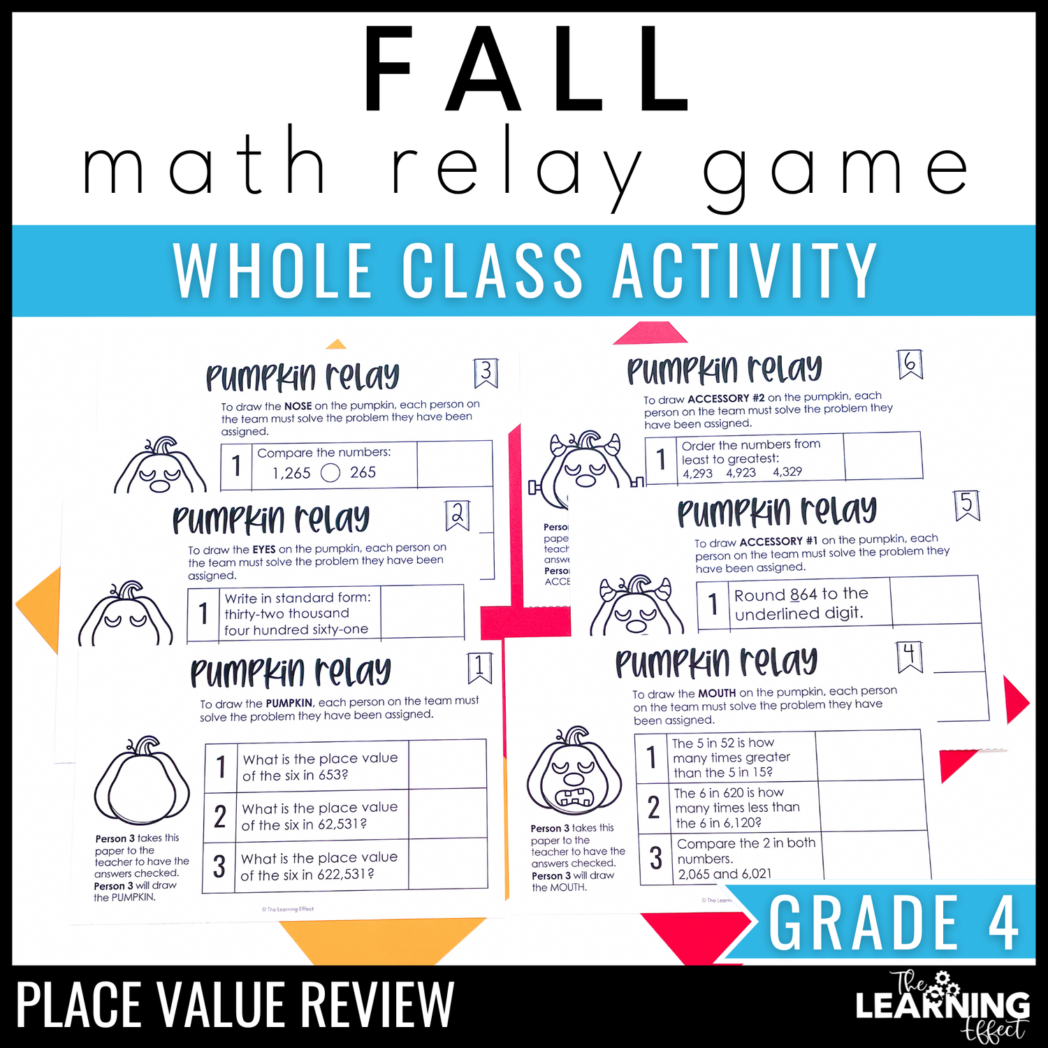 Fall math game for 4th grade | relay review activity | place value