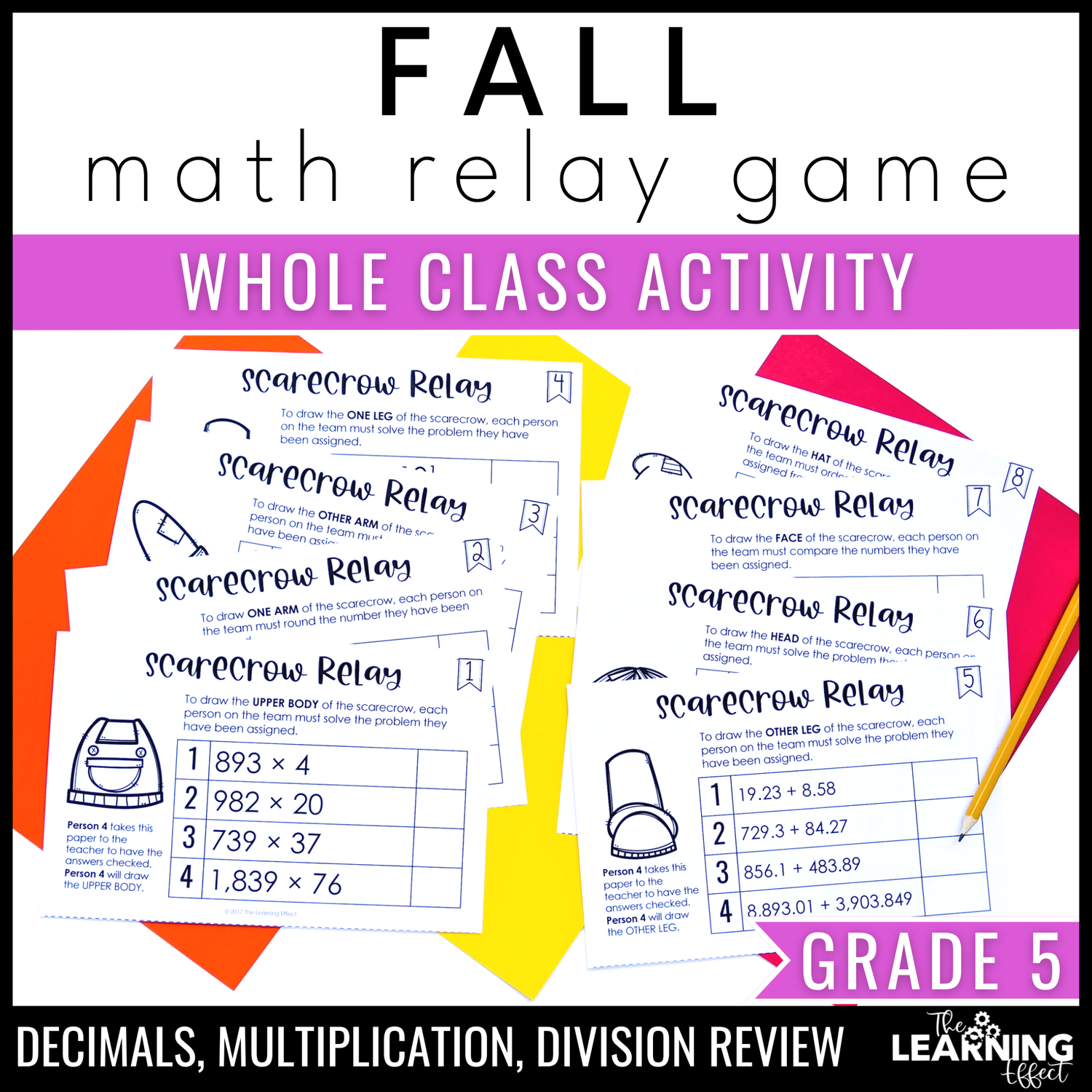 Fall math game for 5th grade | relay review activity | decimals multiplication