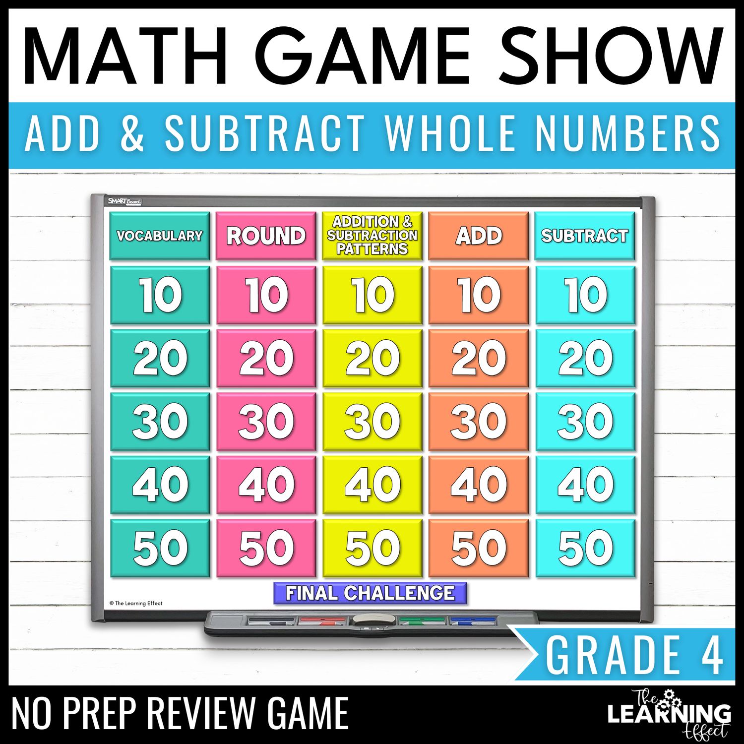 Adding & subtracting whole numbers game show | 4th grade math test prep activity