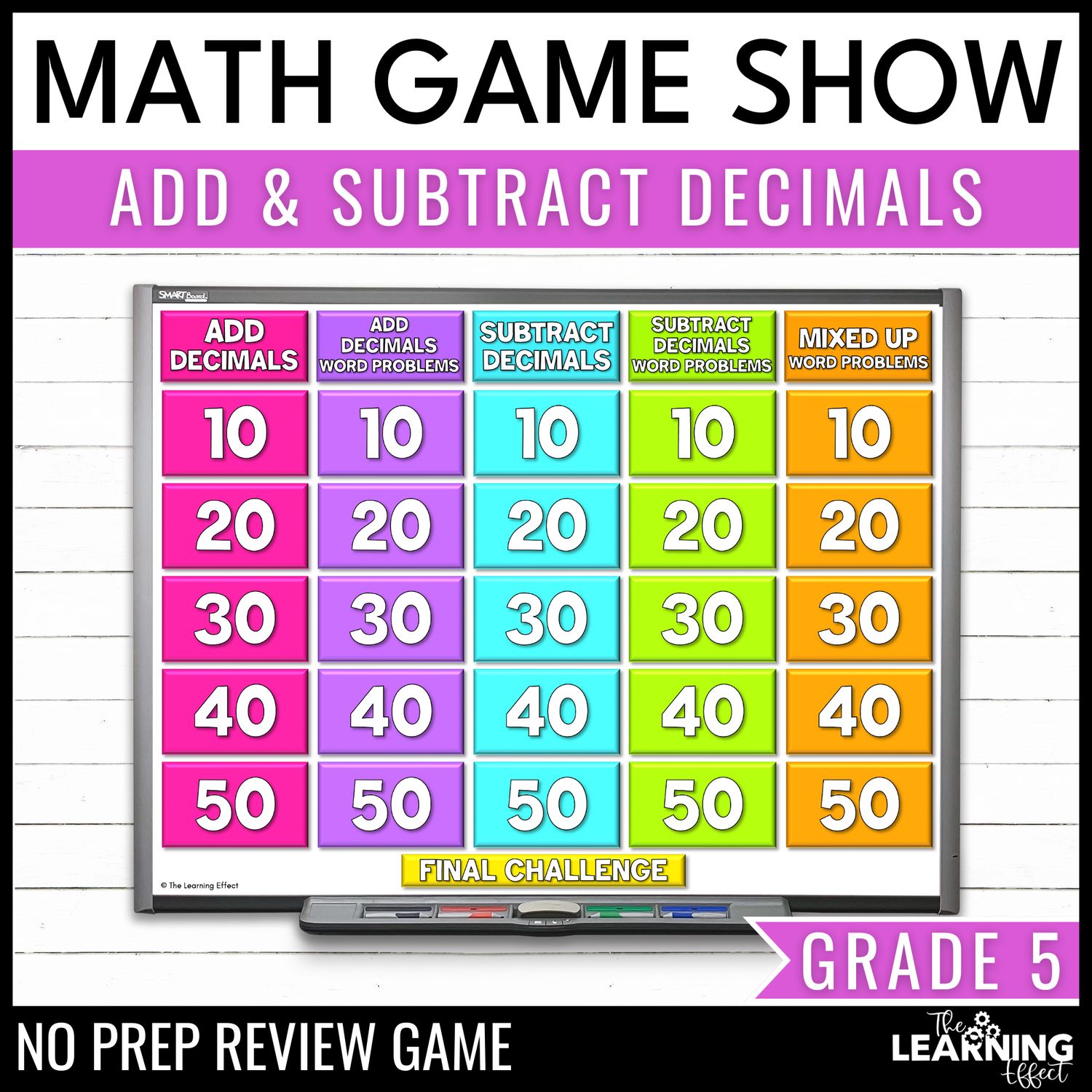 Adding and subtracting decimals game show | 5th grade math test prep activity
