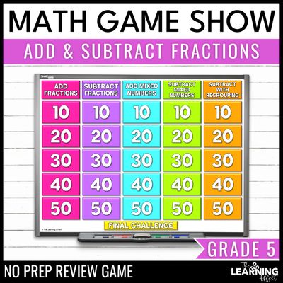 Adding and subtracting fractions game show | 5th grade math test prep activity