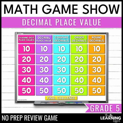Decimal place value game show | 5th grade math review test prep activity