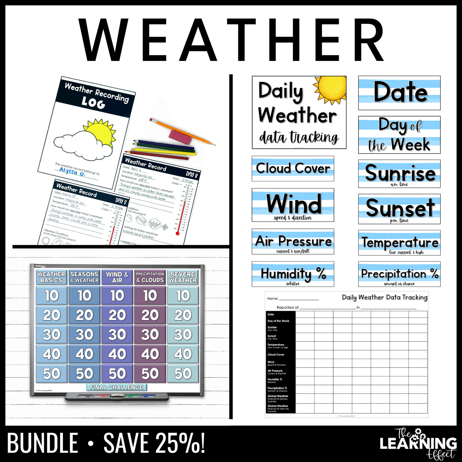 Weather resources bundle | recording log | tracker chart | review game show
