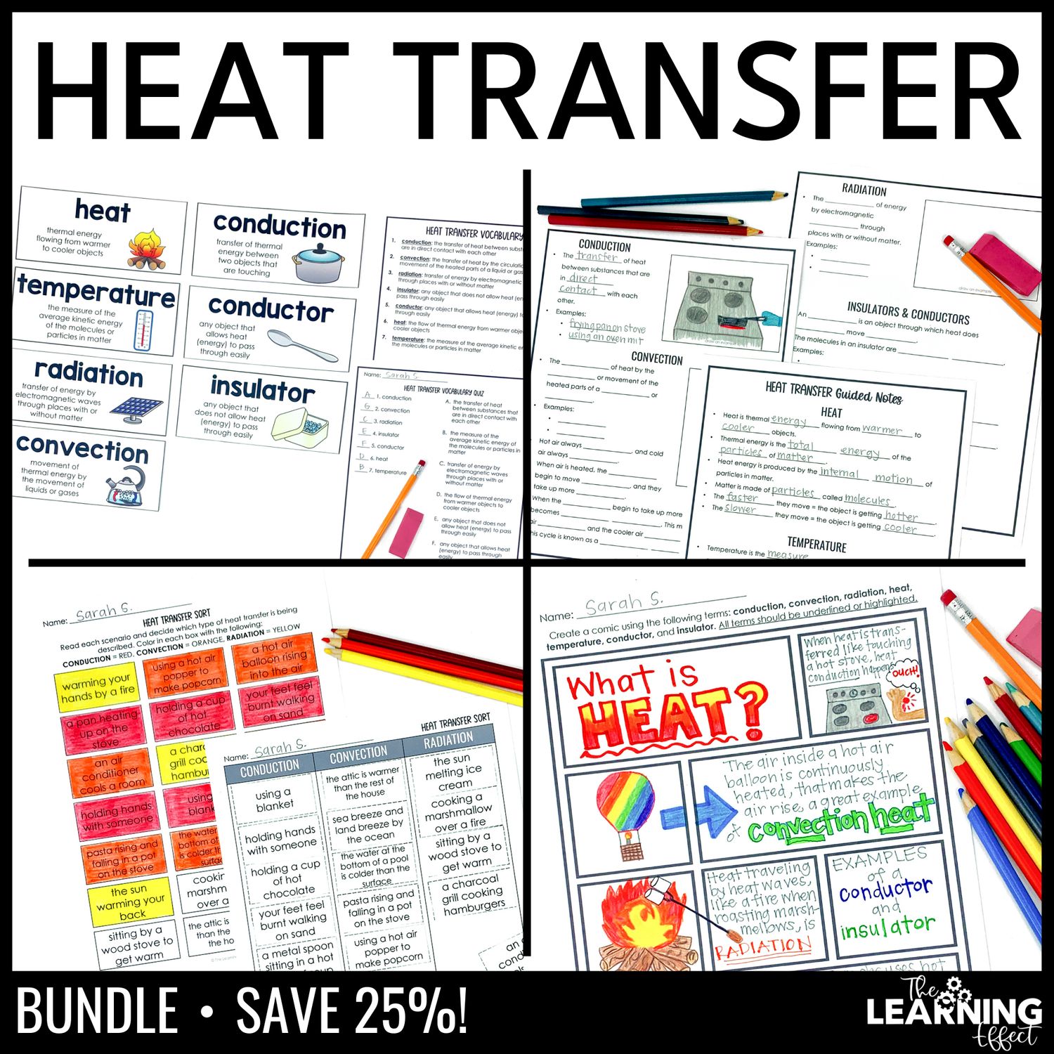 Heat transfer science bundle | lesson vocabulary activities worksheets