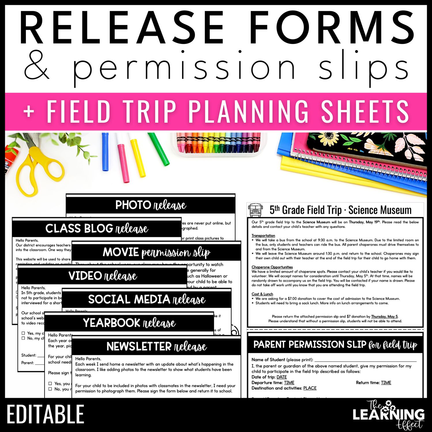 Student release forms | field trip permission slips | back to school | editable