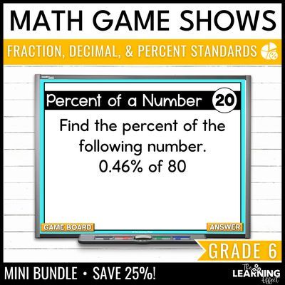 6th grade math fraction decimal percent game shows | test prep review activities bundle