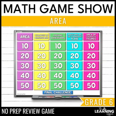 Area game show | 6th grade math review test prep activity