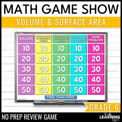 Volume and surface area game show | 6th grade math review test prep activity