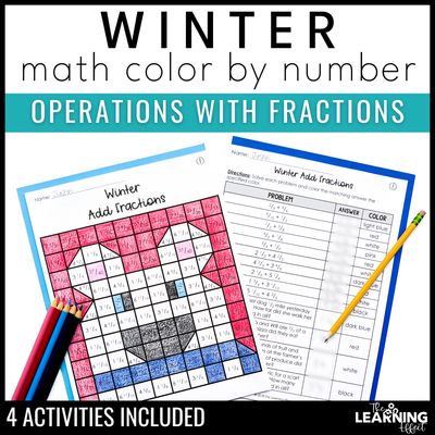 Winter math activities mystery picture worksheets | color by number fractions