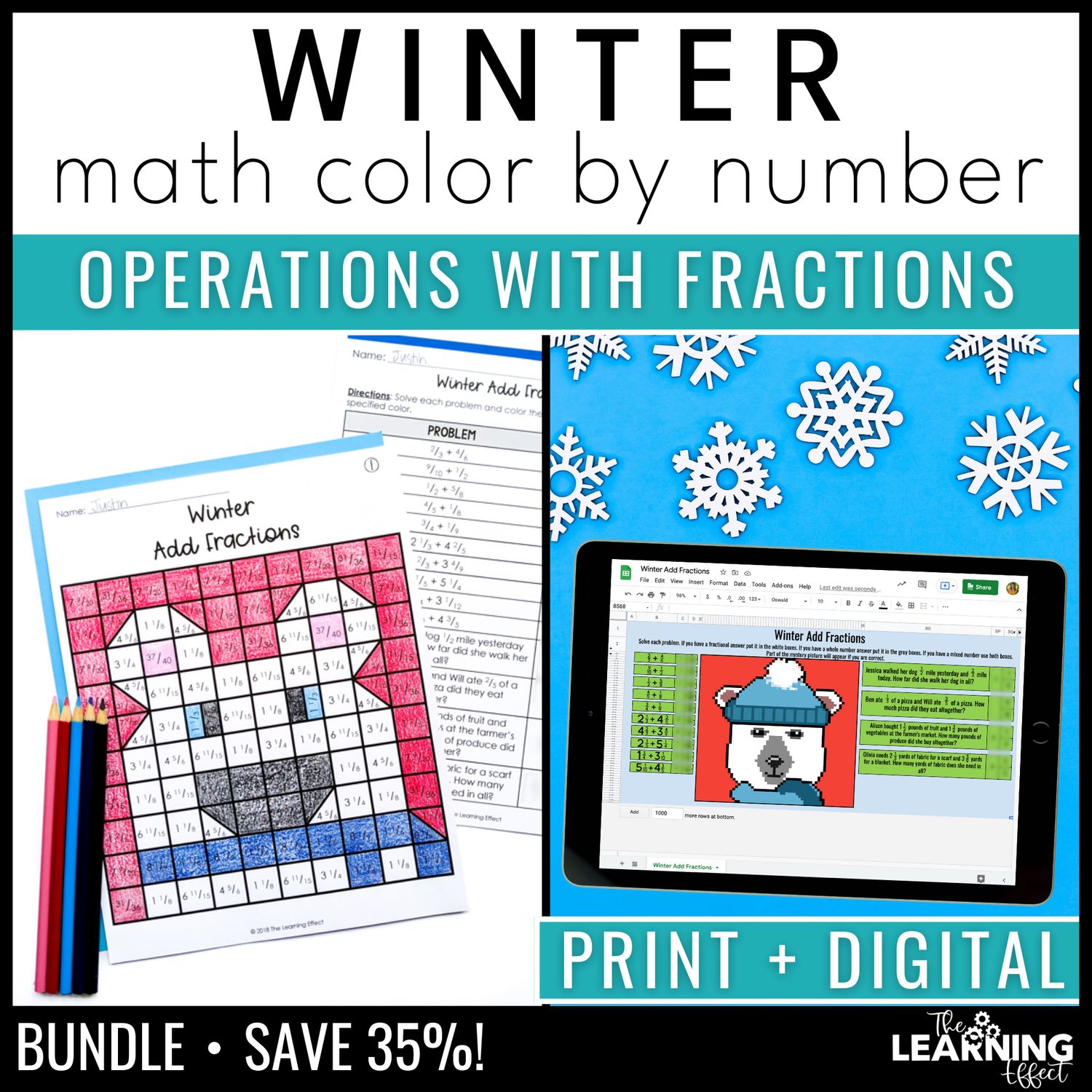 Winter math activities mystery picture & pixel art | color by number fractions