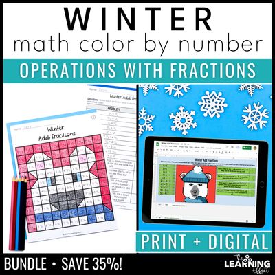 Winter math activities mystery picture & pixel art | color by number fractions