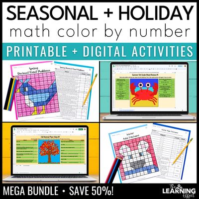 Holiday math mystery pictures & pixel art | print & digital color by number