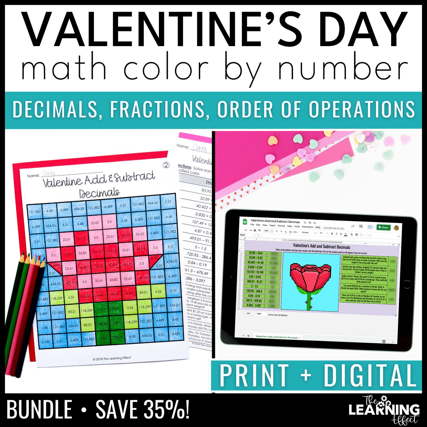 Valentine's day math activities mystery picture & pixel art | color by number