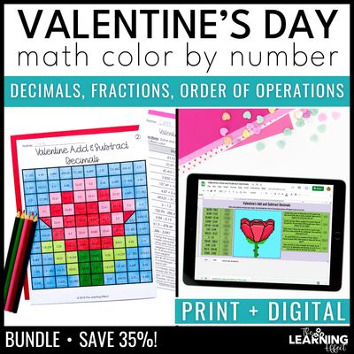 Valentine's day math activities mystery picture & pixel art | color by number