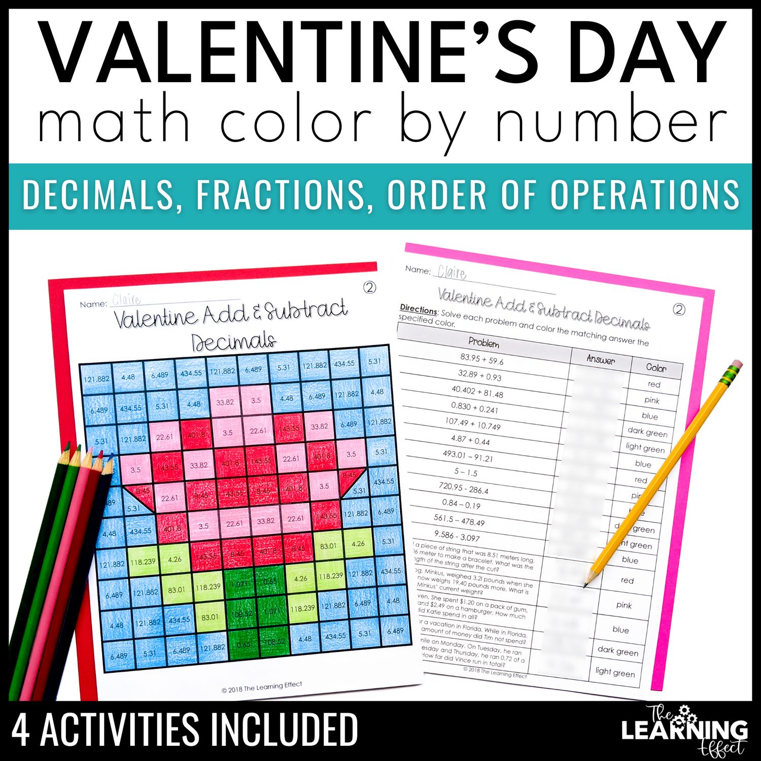 Valentine's day math activities mystery picture worksheets | color by number