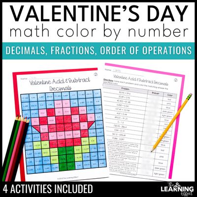 Valentine's day math activities mystery picture worksheets | color by number