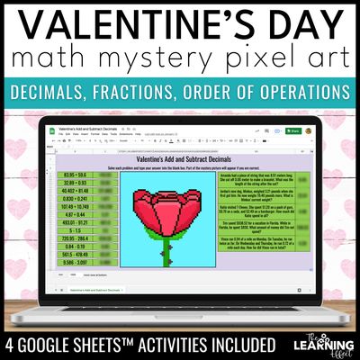 Valentine's day math activities digital pixel art | fractions & decimals