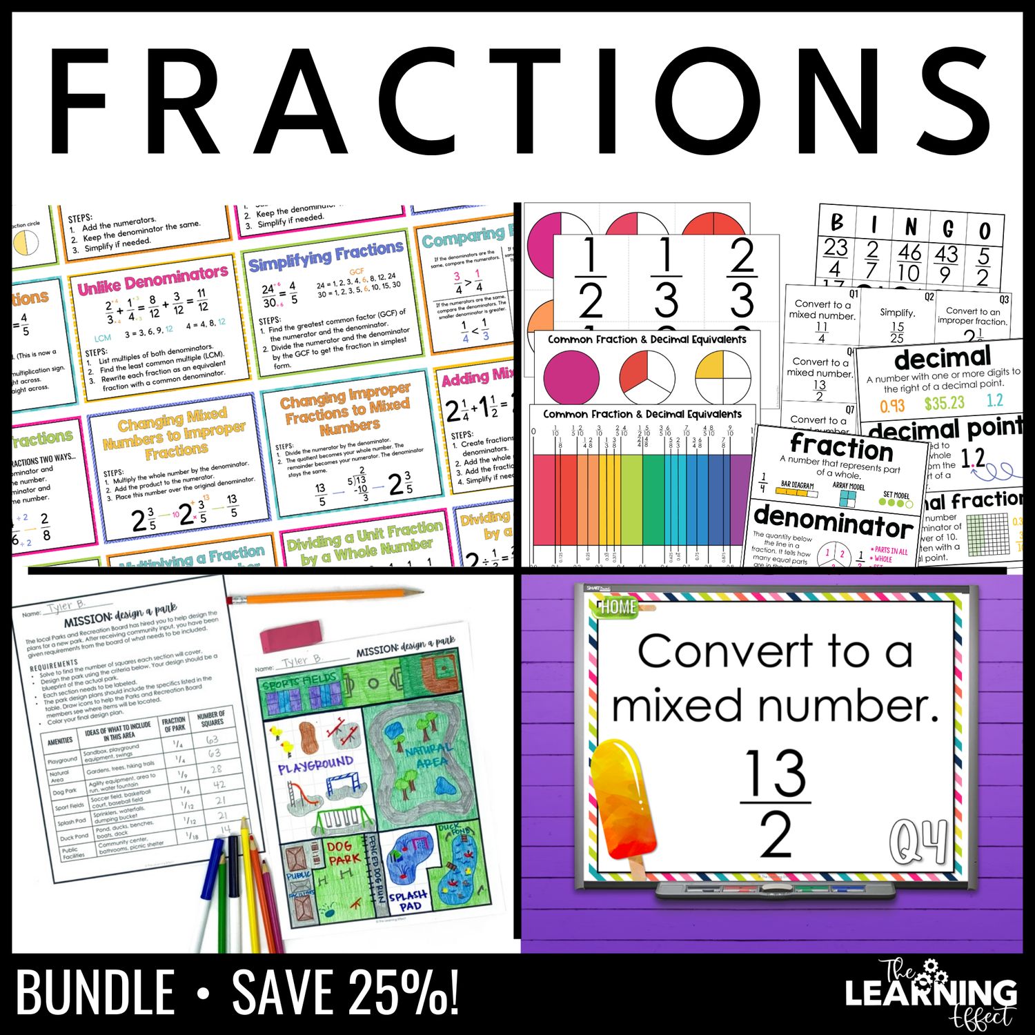 Fractions bundle | math posters anchor charts games word wall activities