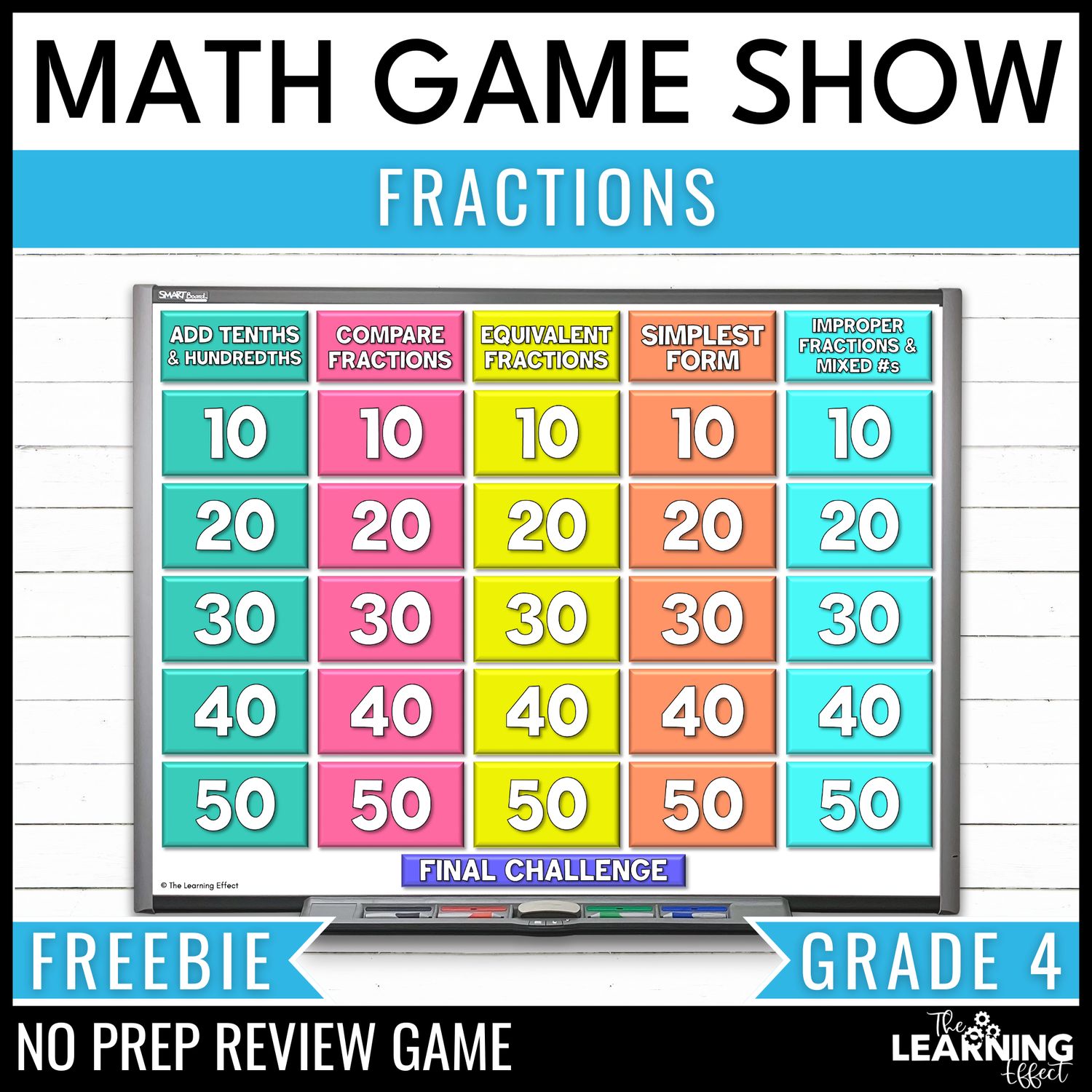Fractions game show | 4th grade math review test prep activity | free