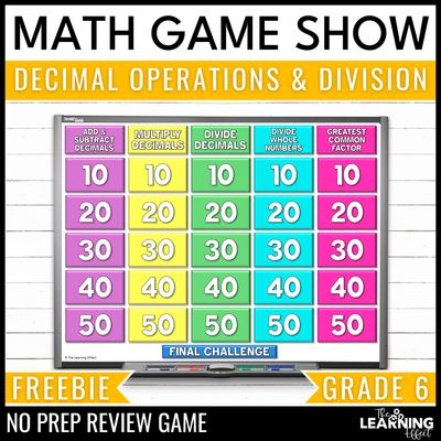 Decimal operations & division game show | 6th grade math test prep activity free