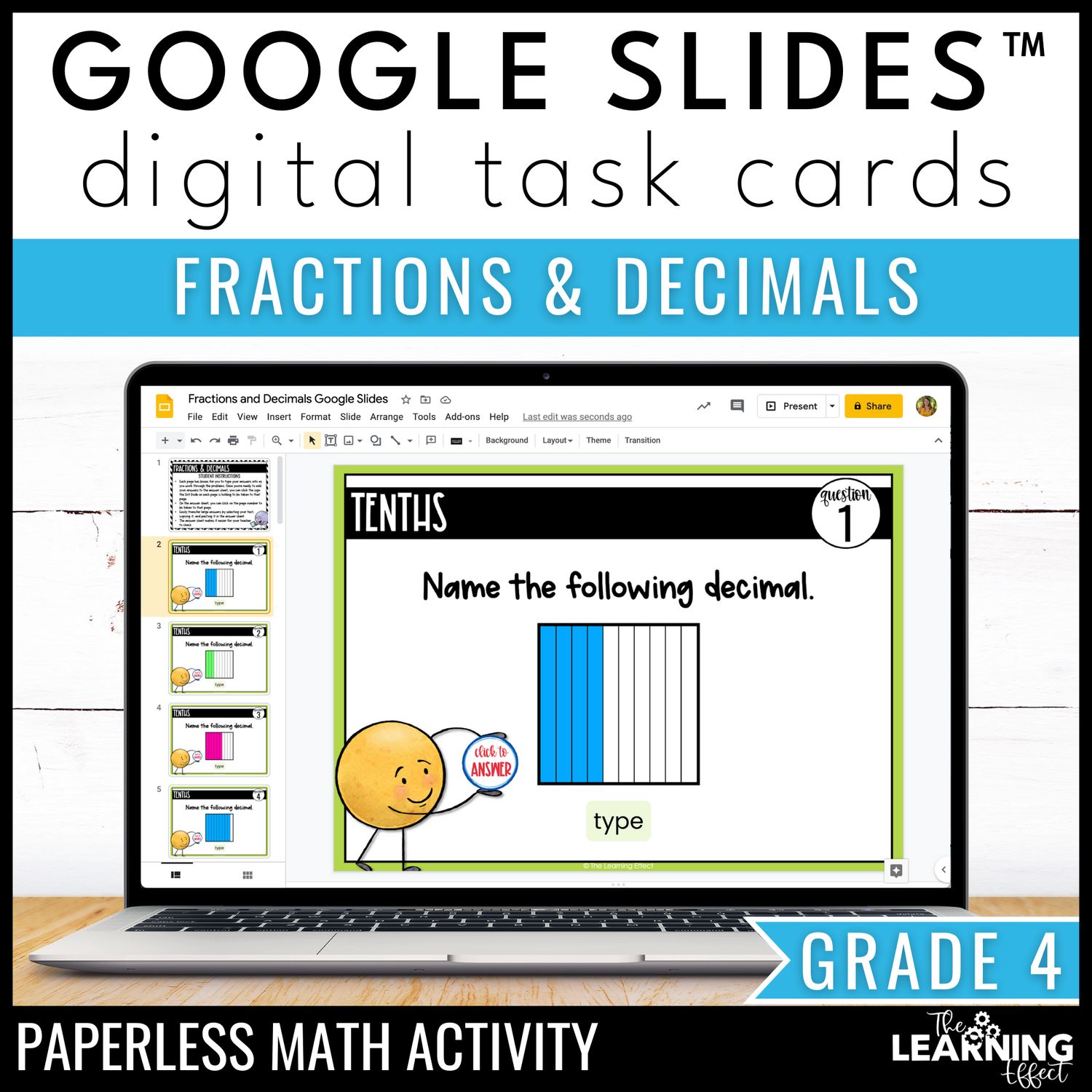 Fractions and Decimals Google Slides | 4th Grade Digital Task Cards Activity