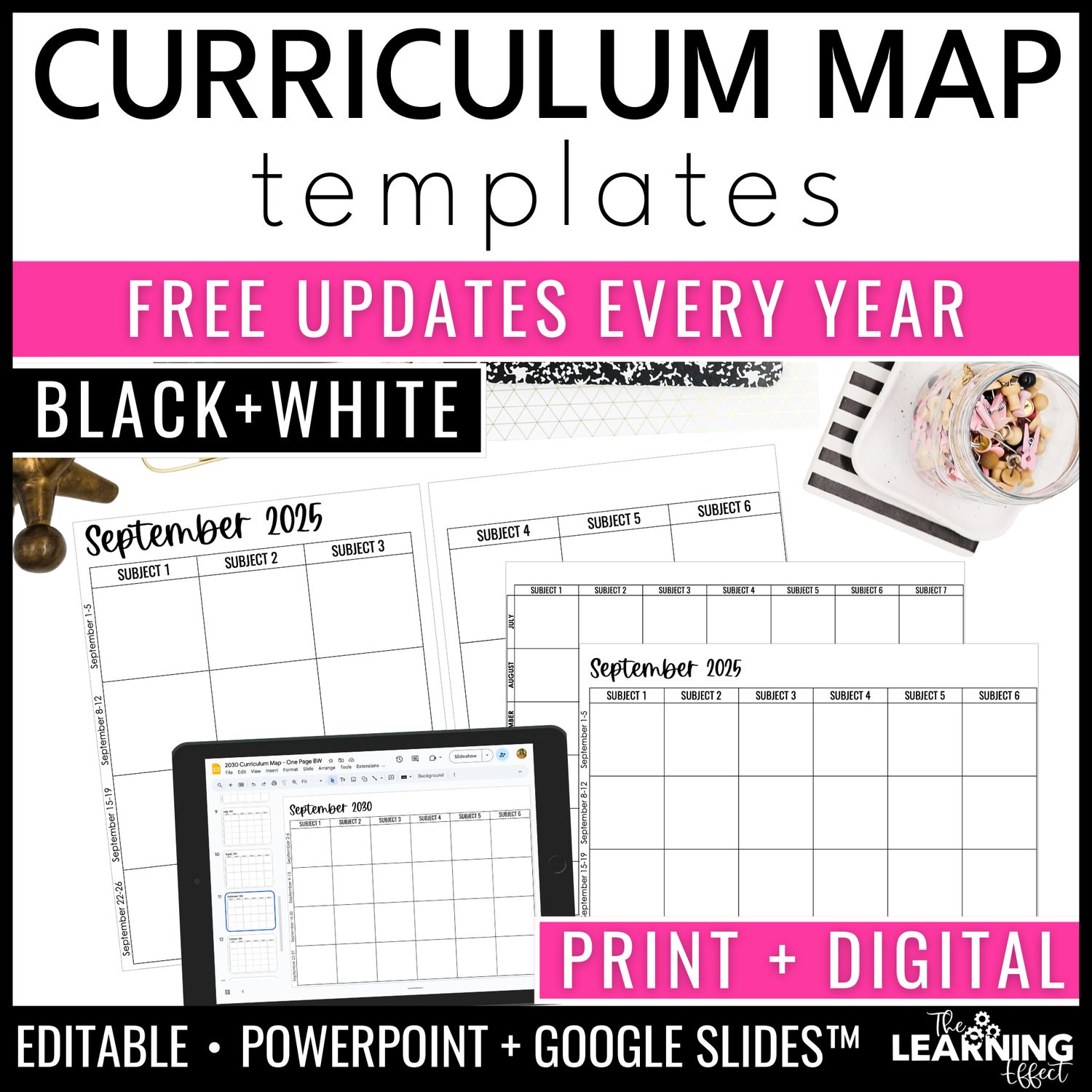 Curriculum map & pacing guide templates editable planning calendar black & white