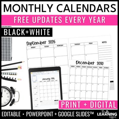 Editable monthly calendar templates 2025 - 2030 | print & digital black & white