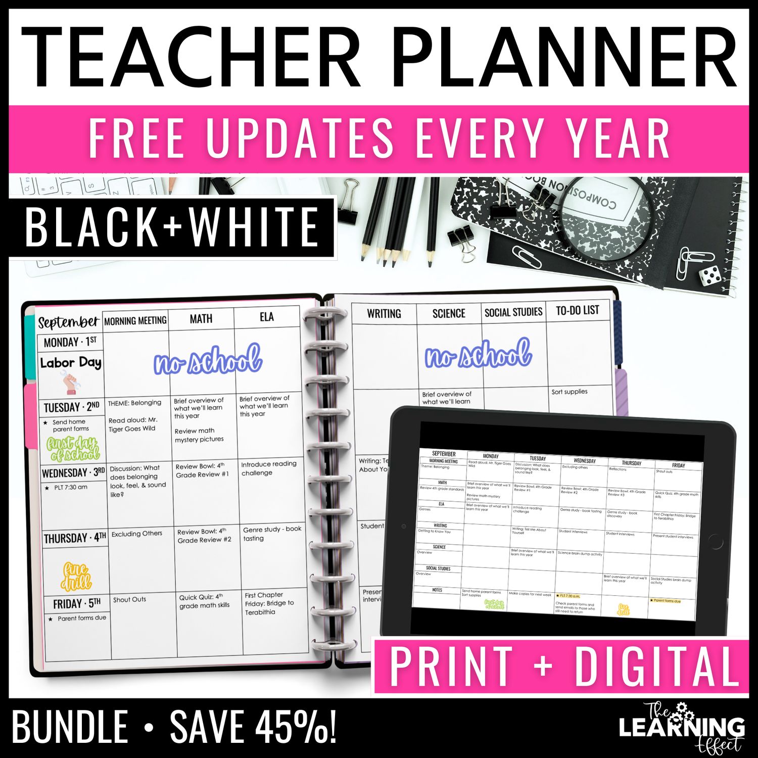 Editable teacher planner binder printable and digital bundle | black & white