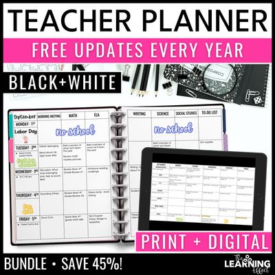 Editable teacher planner binder printable and digital bundle | black & white