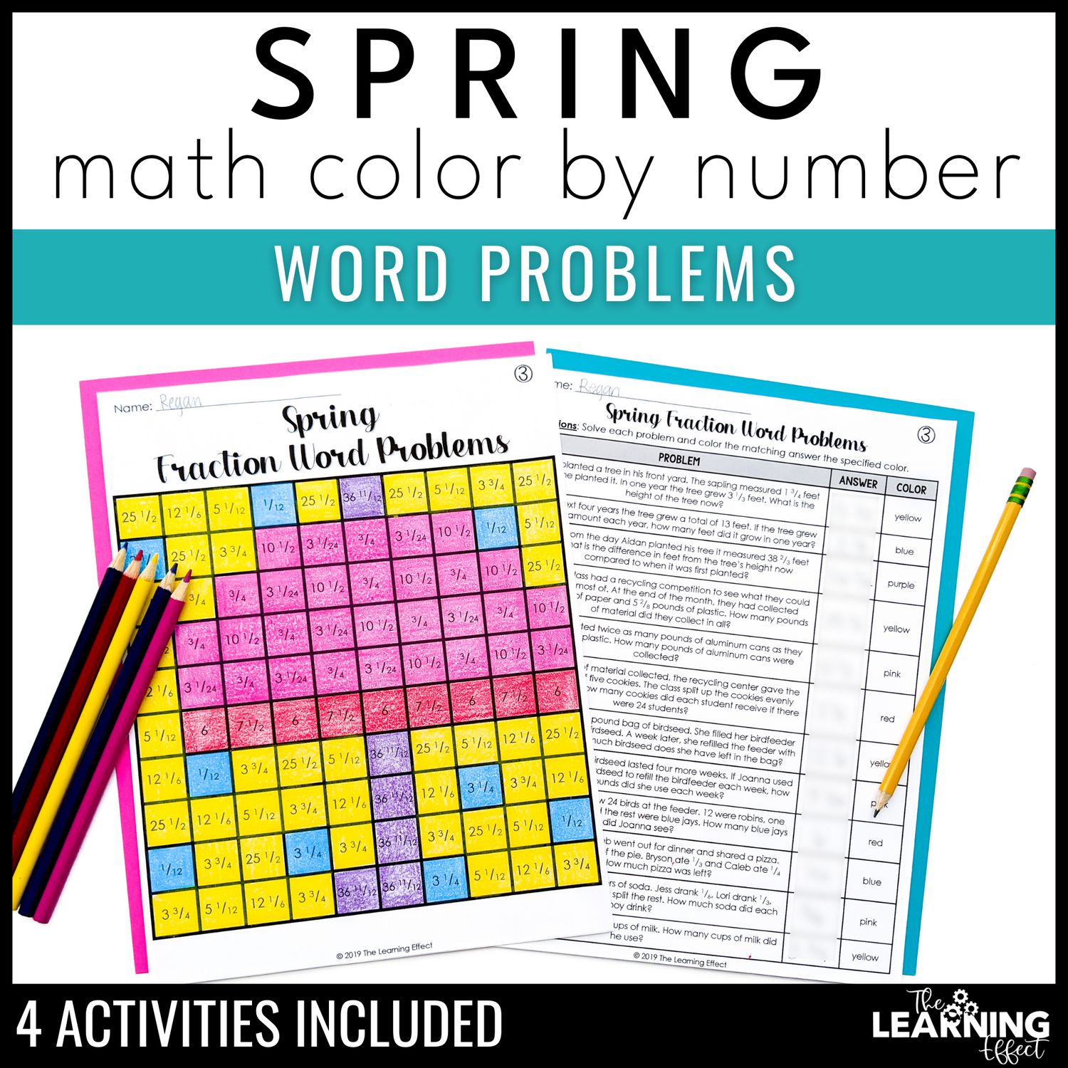 Spring activities mystery picture worksheets | color by number word problems