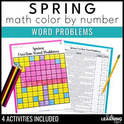 Spring activities mystery picture worksheets | color by number word problems