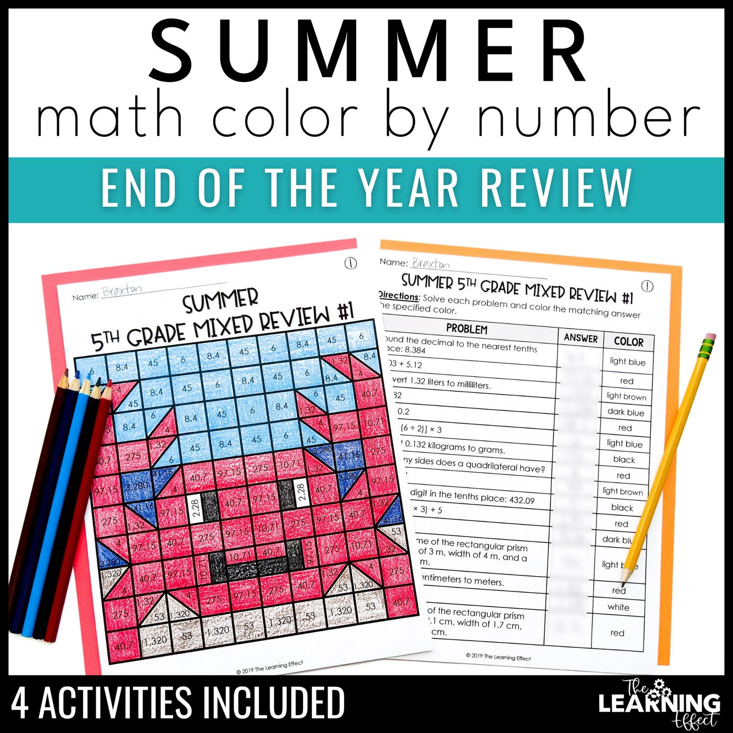 End of year math activities mystery picture worksheets | review 5th & 6th grade