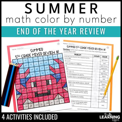 End of year math activities mystery picture worksheets | review 5th & 6th grade