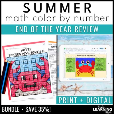End of year math review activities mystery picture & pixel art | color by number