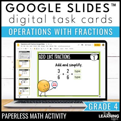 Operations with fractions google slides | 4th grade digital task cards activity