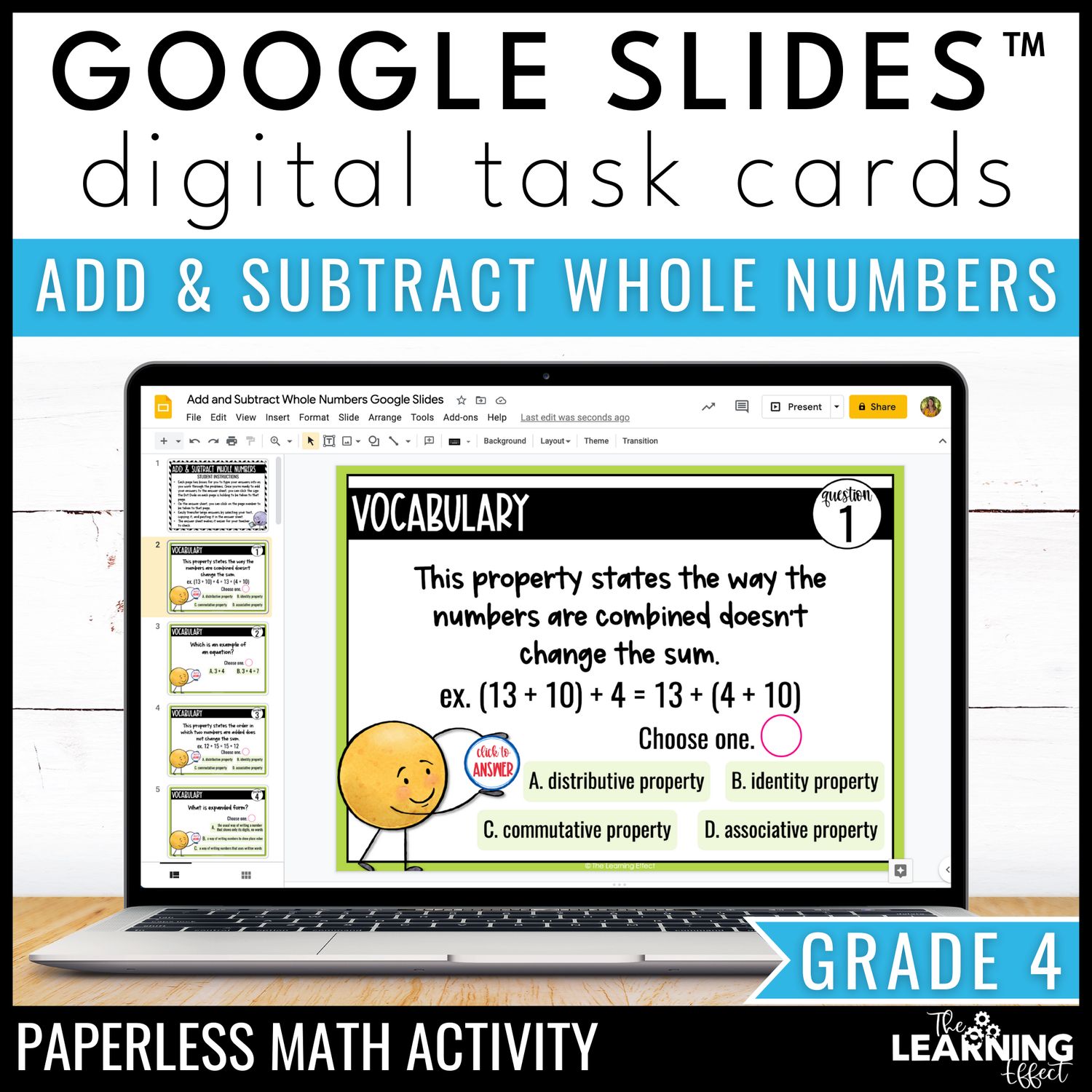 Adding & subtracting whole numbers google slides | 4th grade digital task cards activity