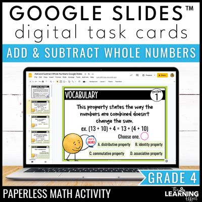 Adding & subtracting whole numbers google slides | 4th grade digital task cards activity