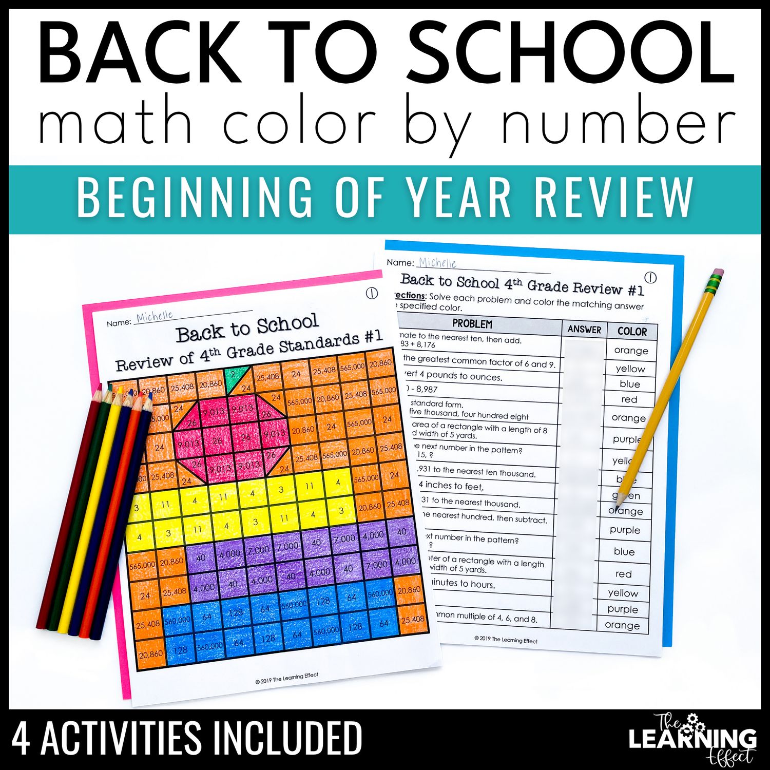 Back to school math review activity mystery picture worksheets | color by number