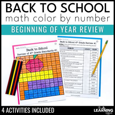 Back to school math review activity mystery picture worksheets | color by number