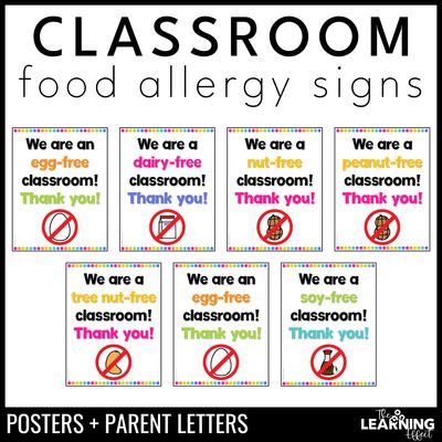Classroom allergy signs | food allergy posters | peanut dairy gluten egg soy
