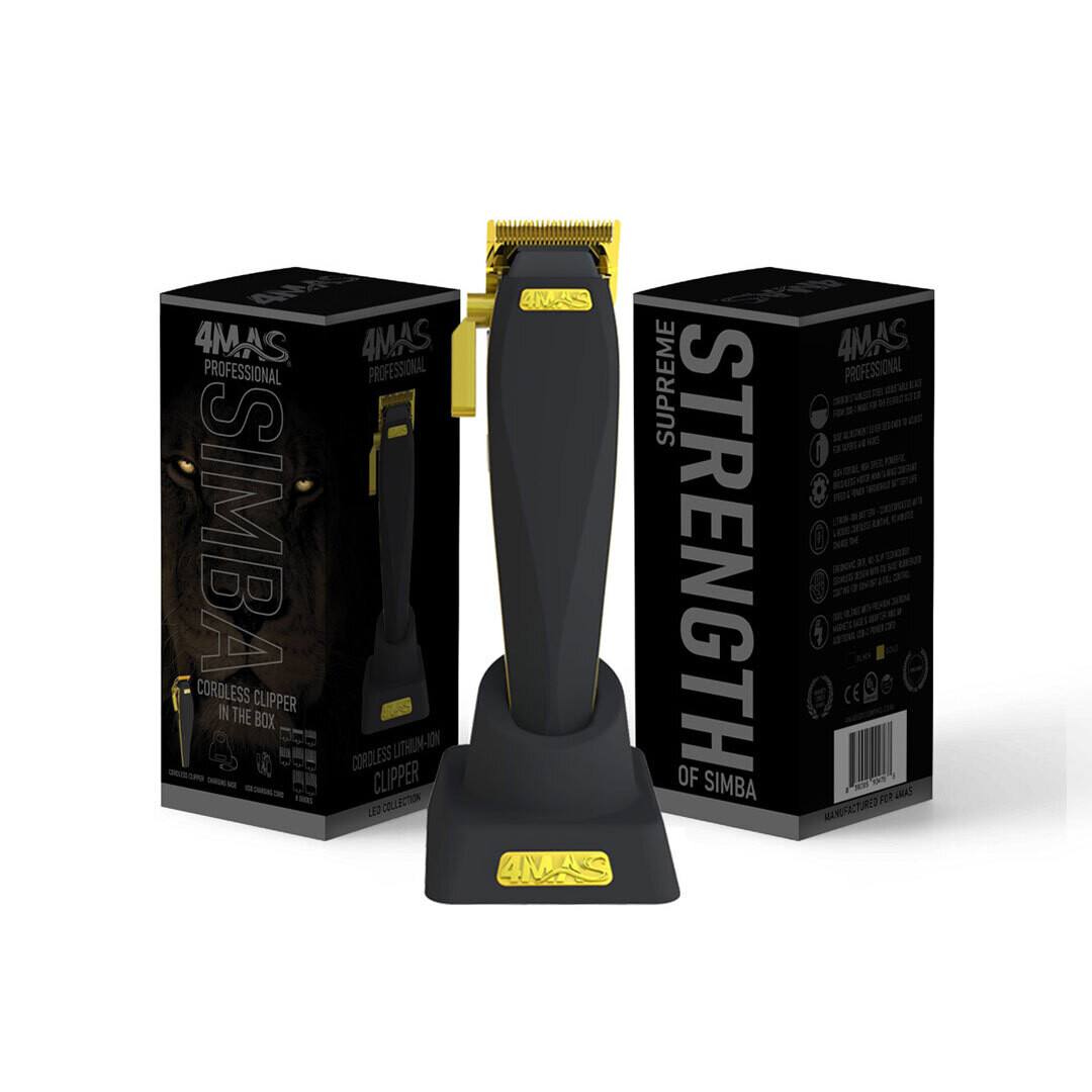 4MAS Simba Clipper Professional Hair ＆ Beard Fading Adjustable Cordless Lithium-Ion Clipper with Comb Attachments (Black ＆ Gold)