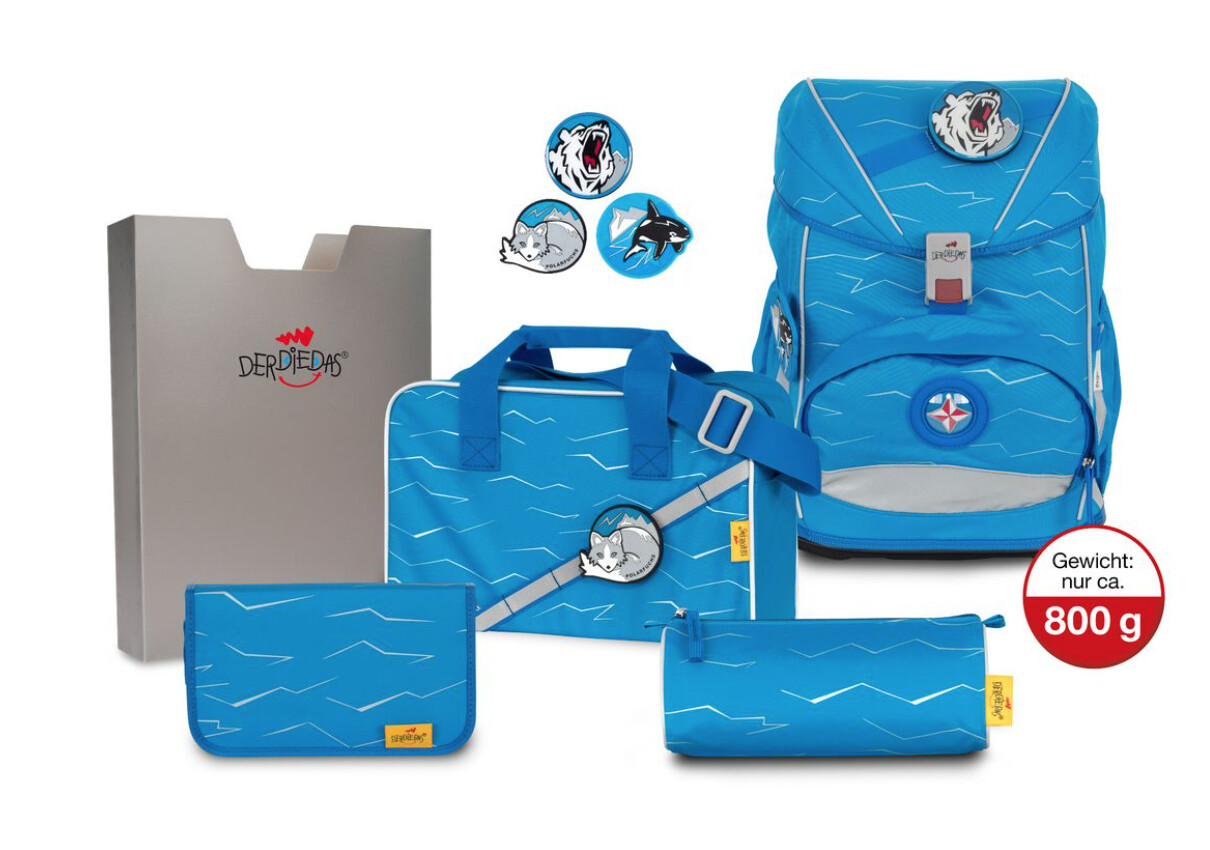 DerDieDas ErgoFlex BUTTONS, Polar Schulrucksack/Schulranzen Set 5tlg. - Der Flexible! + GRATIS Warnweste / Warnkragen
